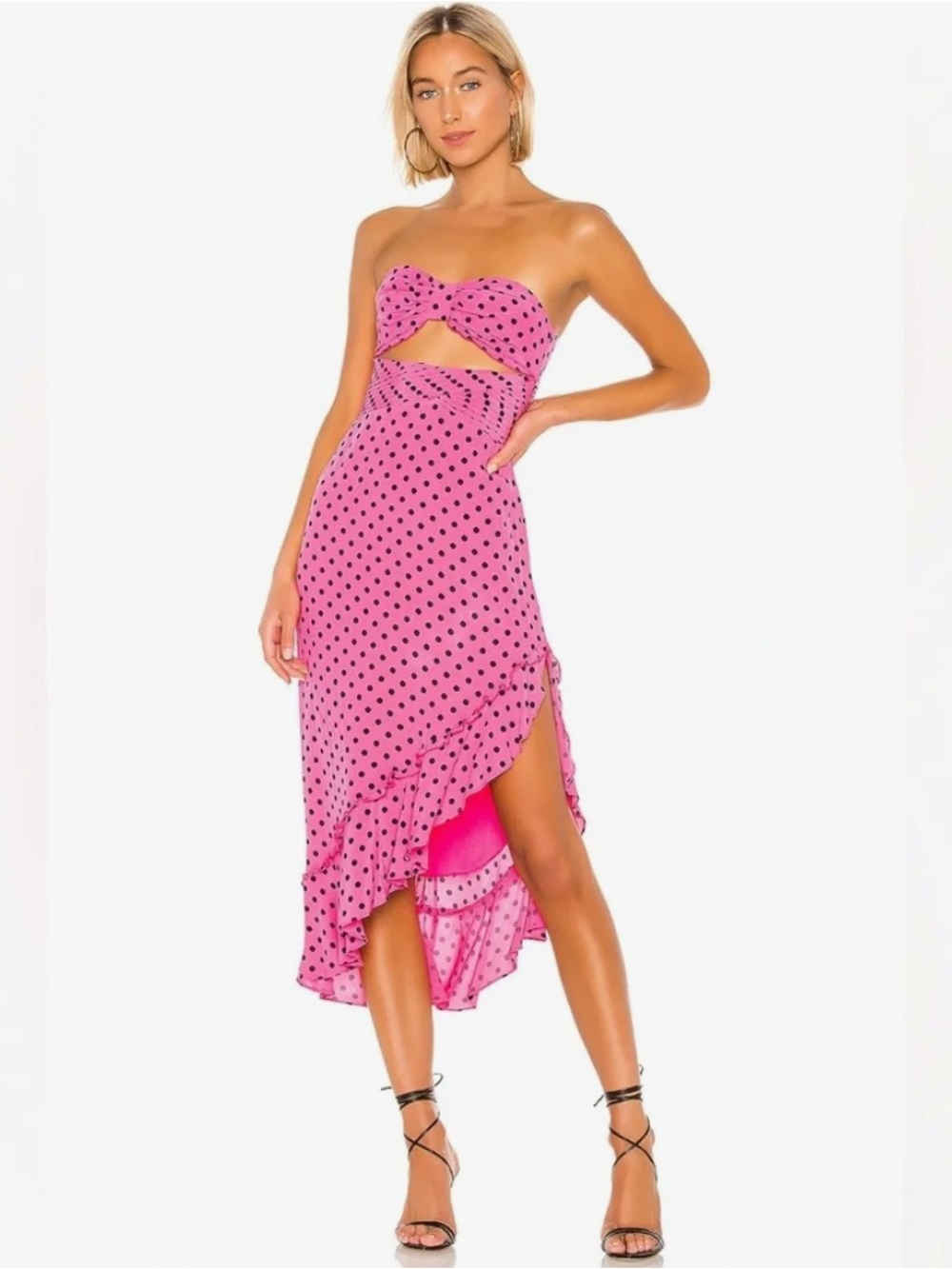 Lovers + Friends Pink Polka Dot Strapless Midi Dress